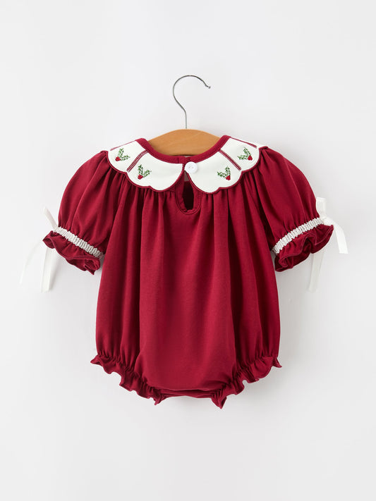 Christmas Holly Embroidered Baby Romper Petals Collar Ruffle