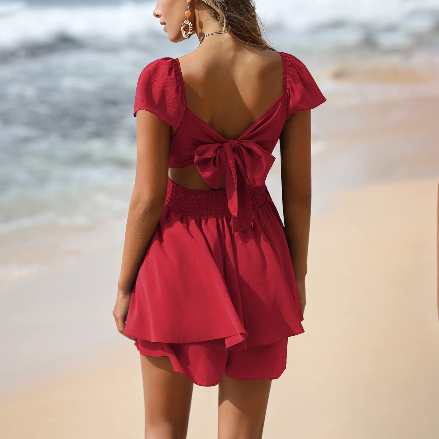 Exlura Women's Summer Ruffle Short Sleeve Tie Back Romper Dress Square Neck a Line Cute Dressy Short Jumpsuits