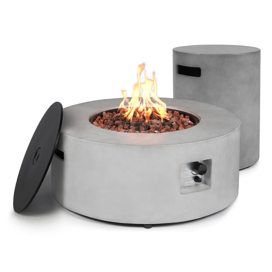31.5 Inch Round Propane Fire Pit Table - Concrete Round Fire Bowl 50,000 BTU Natural Gas Firepit Burner with Steel Lid, Lava Rocks, Waterproof Cover for Outside Patio, Backyard, Party