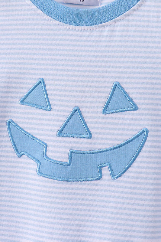 Blue Stripe Smirk Face Applique Romper