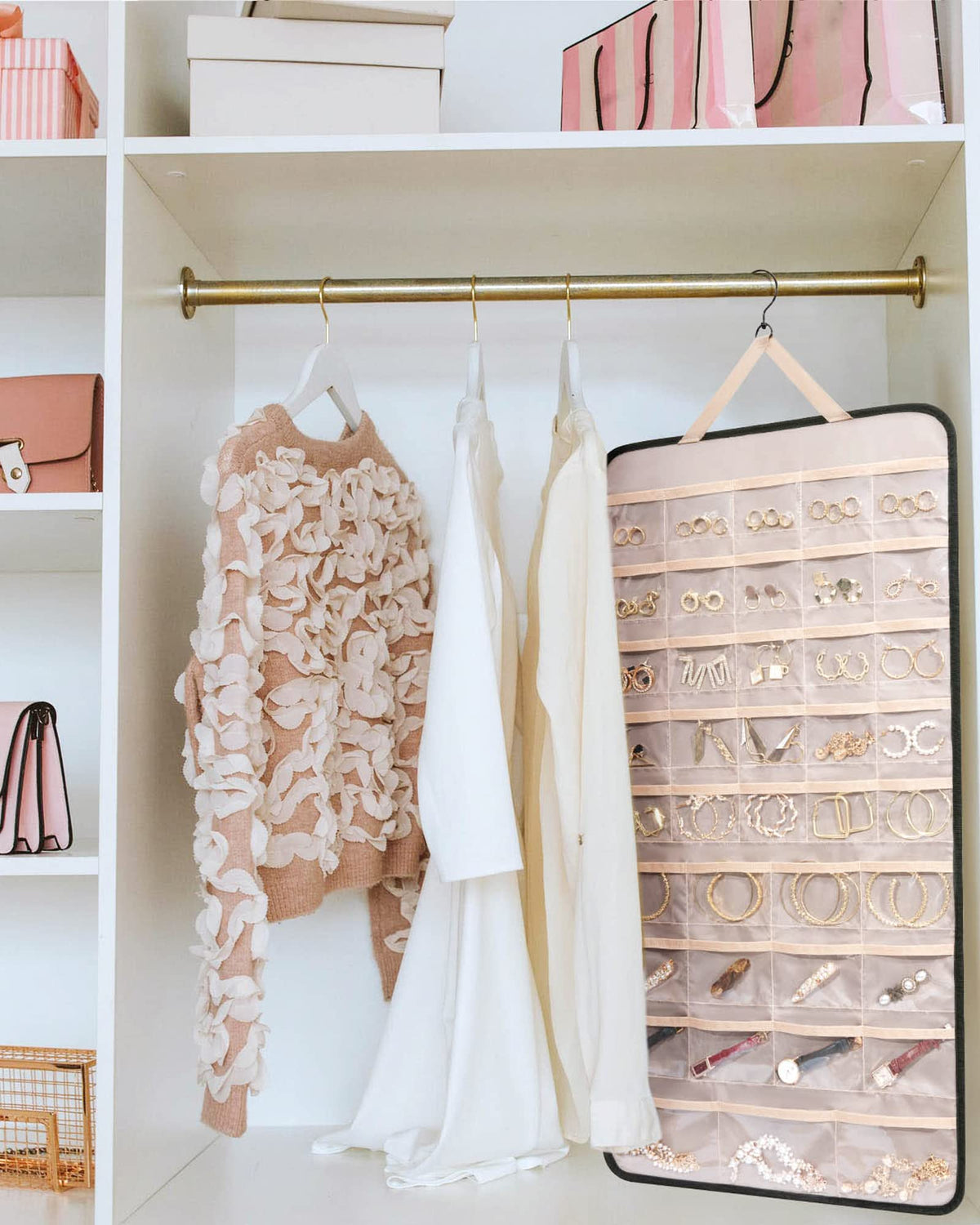 BAGSMART Hanging Jewelry Organizer Storage Roll with Hanger Metal Hooks Double-Sided Jewelry Holder for Earrings, Necklaces, Rings on Closet, Wall, Door, 1 piece, Medium, Pink