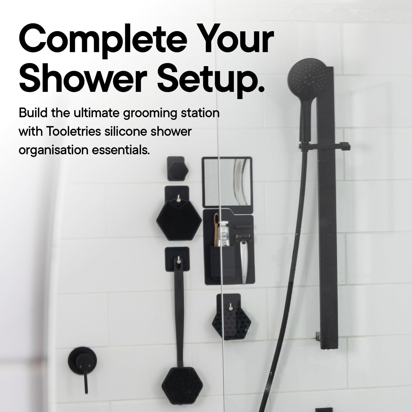 TOOLETRIES Harvey & Oliver, Shower Organizer & Shaving Mirror - Charcoal | Shower grooming station with a clear-view mirror and reusable organiser for everyday grooming.