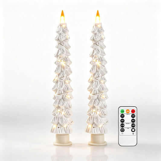 2 Pack White Christmas Tree LED Taper Candles, Flameless Flickering Candles with Copper String Lights, Upgraded Realistic Flame Effect, Battery Operated with Remote for Christmas Home Decoration