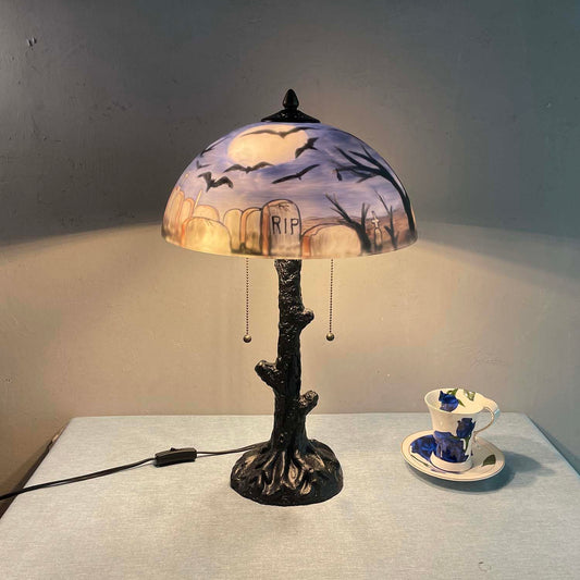 Bieye L10973 Bats Flying Over Graveyard at Full Moon Night Hand-Painted Glass Table Lamp for Helloween Decor (Blue, 14x22 inch)