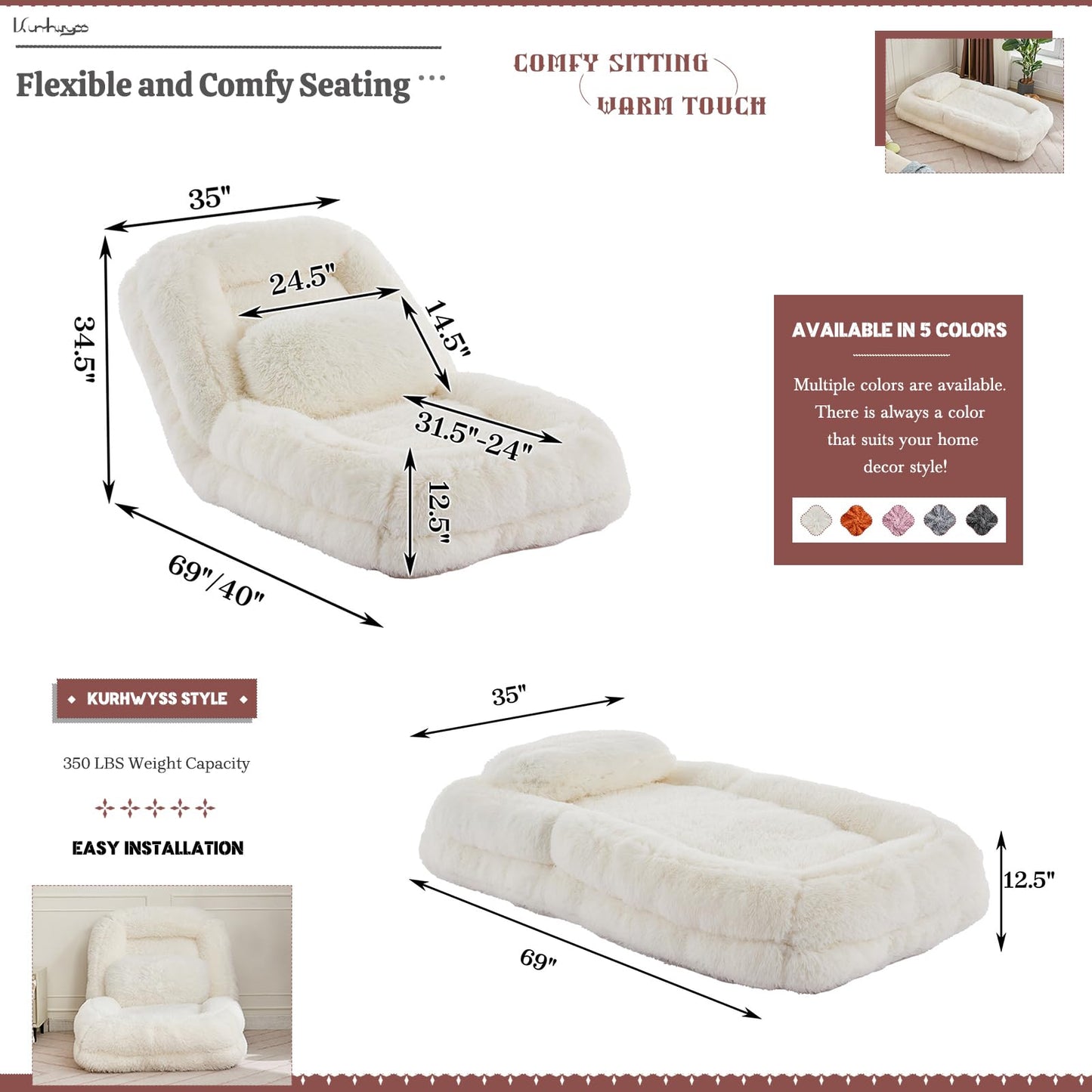Upholstered Convertible Lounge Chair with 2 Soft Pillows