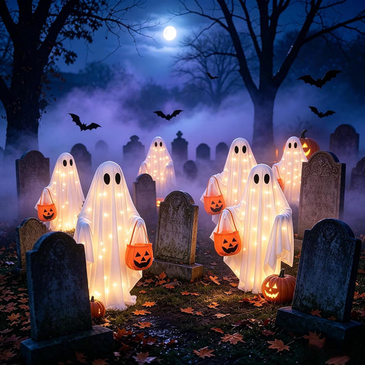 Solar Ghost Halloween Lights 2Pack Hanging Stake Yard Decor | Solar Glowing Ghost Decor, Rainproof, Dual Mount. Perfect Lawn Porch Decor for Halloween Fans