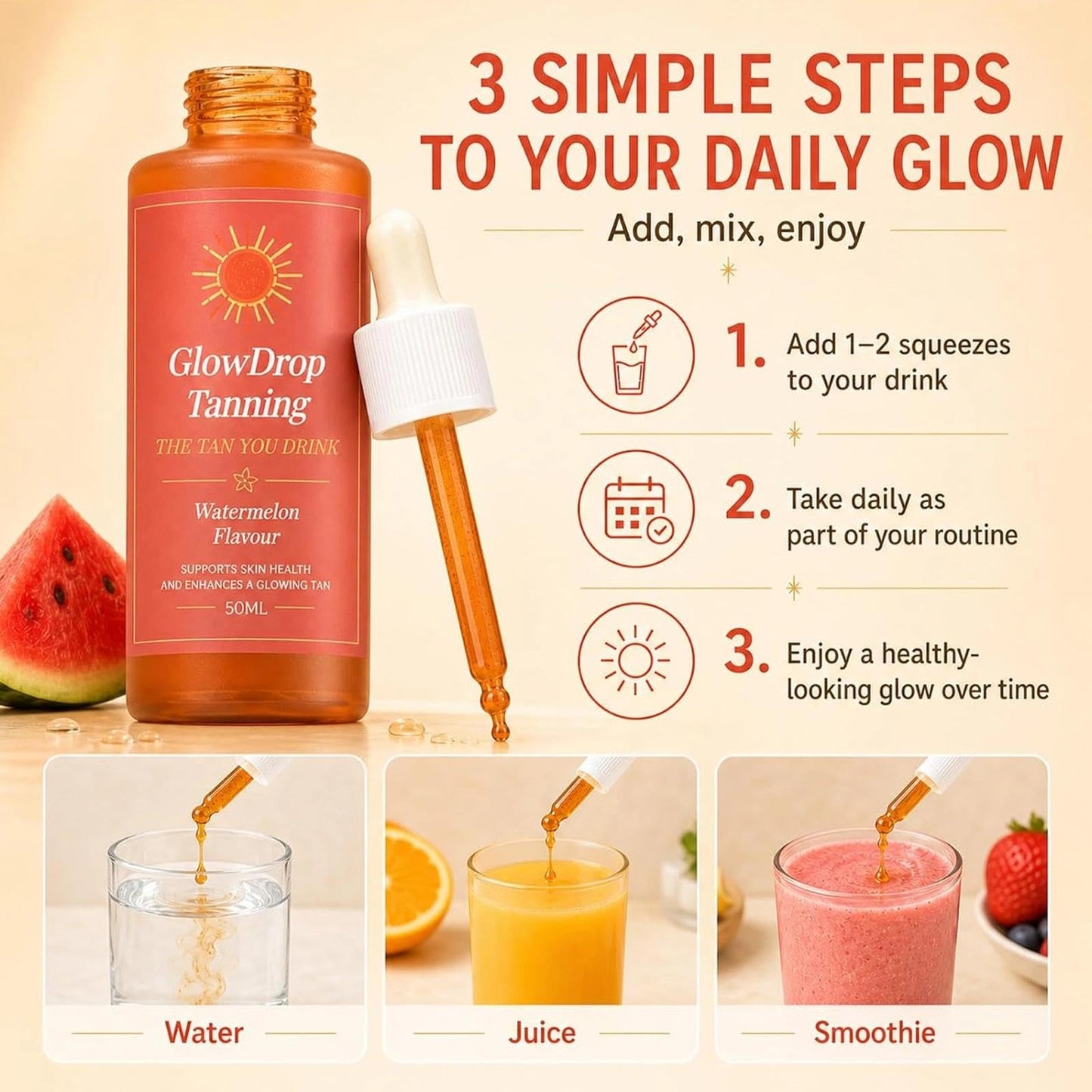 Tanning Drops, Glow Drop Tanning Drops, Enhances Your Natural Skin Tone, Natural Radiant Glow, Easy-to-Use for All Skin Types, 50ml(2pc)