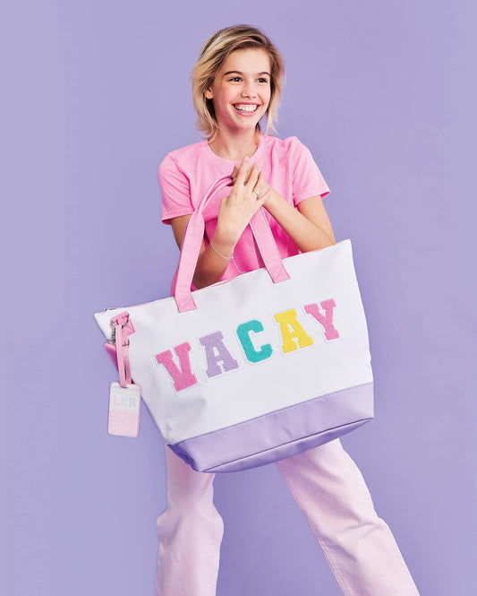 iscream 23.5" x 16" Weekender Travel Tote Bag with Faux Leather Exterior, Chenille VACAY Applique and Luggage Tag