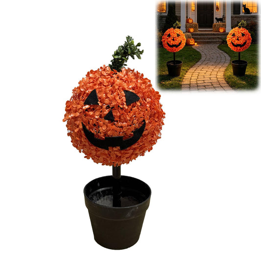 Halloween Artificial Pumpkin Topiary Trees, Potted Boxwood Plants, Faux Fall Autumn Thanksgiving Decor for Front Door Porch Yard Tabletop Indoor Outdoor Spooky Home Decoration (Orange#a)