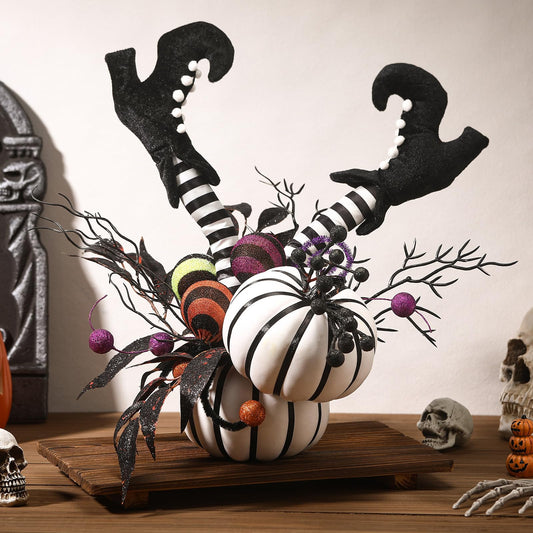 Daifunli Halloween Table Centerpieces Decorations Witch Boot and Pumpkin Artificial Flowers Halloween Tabletop Decorations for Home Kitchen Indoor Haunted Party Decoration 12x17 Inch