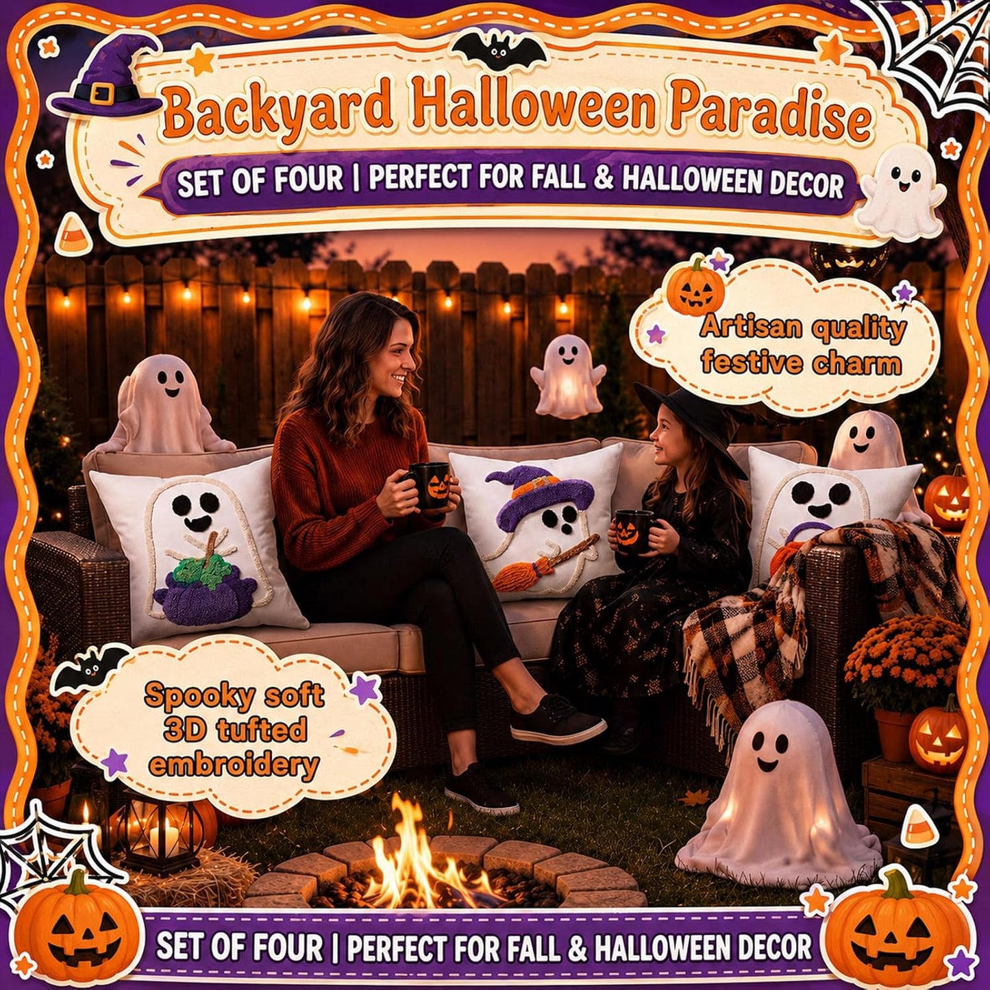 Irenare 4 Pcs 18 x 18 Inch Halloween Throw Pillow Covers Cute Ghost Witch Crochet Pillowcase Boo Embroidered Cushion Gift for Halloween Farmhouse Couch Sofa Home Decor