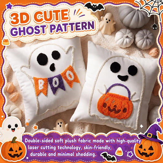 Irenare 4 Pcs 18 X 18 Inch Halloween Throw Pillow Covers Cute Ghost Witch Crochet Pillowcase Boo Embroidered Cushion Gift for Halloween Farmhouse Couch Sofa Home Decor