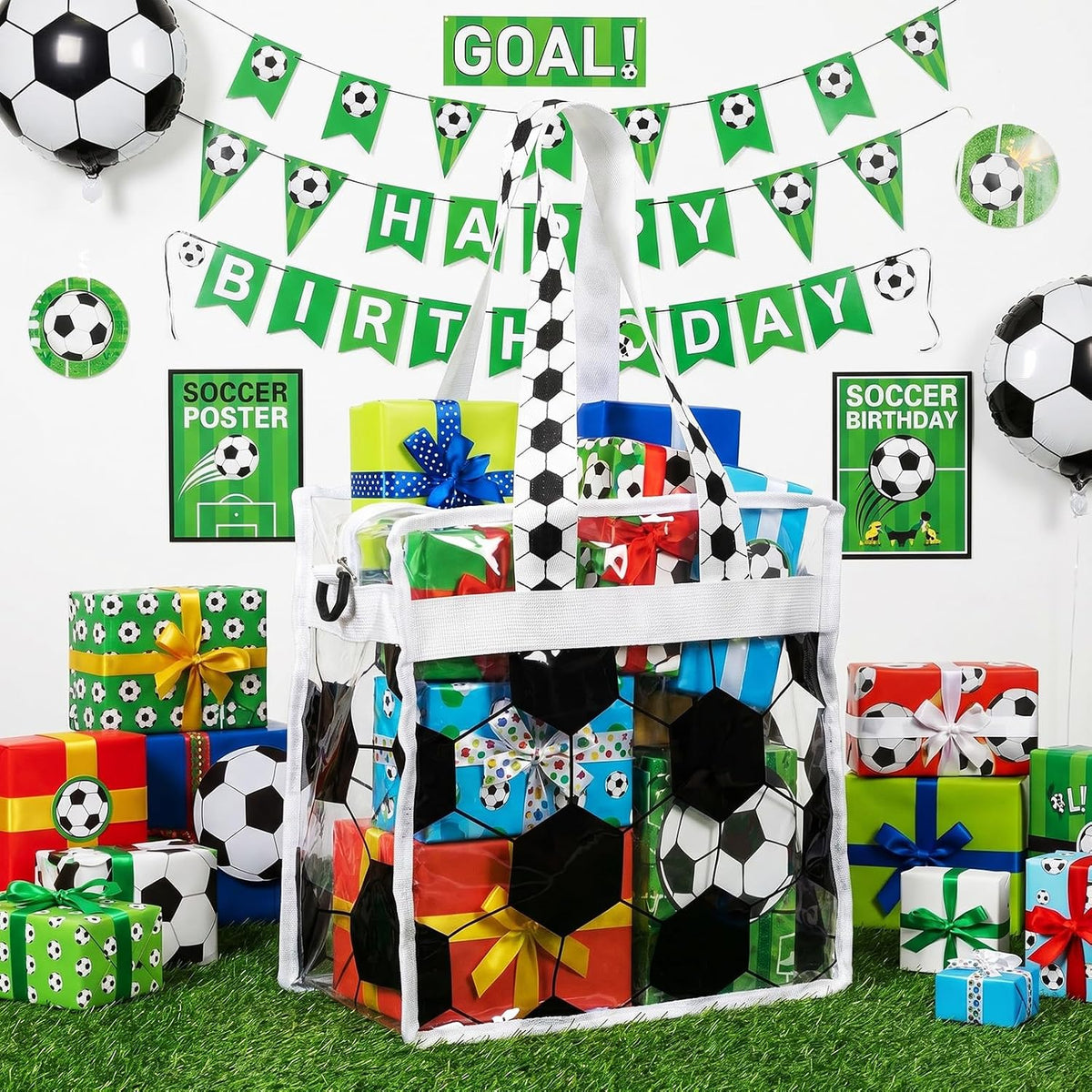 Soccer Clear Tote Gift Bag, 11.8x11.8x5.9 Inch Stadium Approved Waterproof Purse with Adjustable Strap for Women Mom