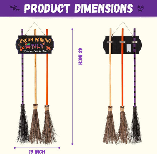 Elamas Halloween Decorations Light-Up Broom Parking Only Sign with 3 Witch Brooms, Violators Will Be Toad Funny Witch for Indoor Wall Outdoor Front Porch Yard Party Decor or Home Office Living Room