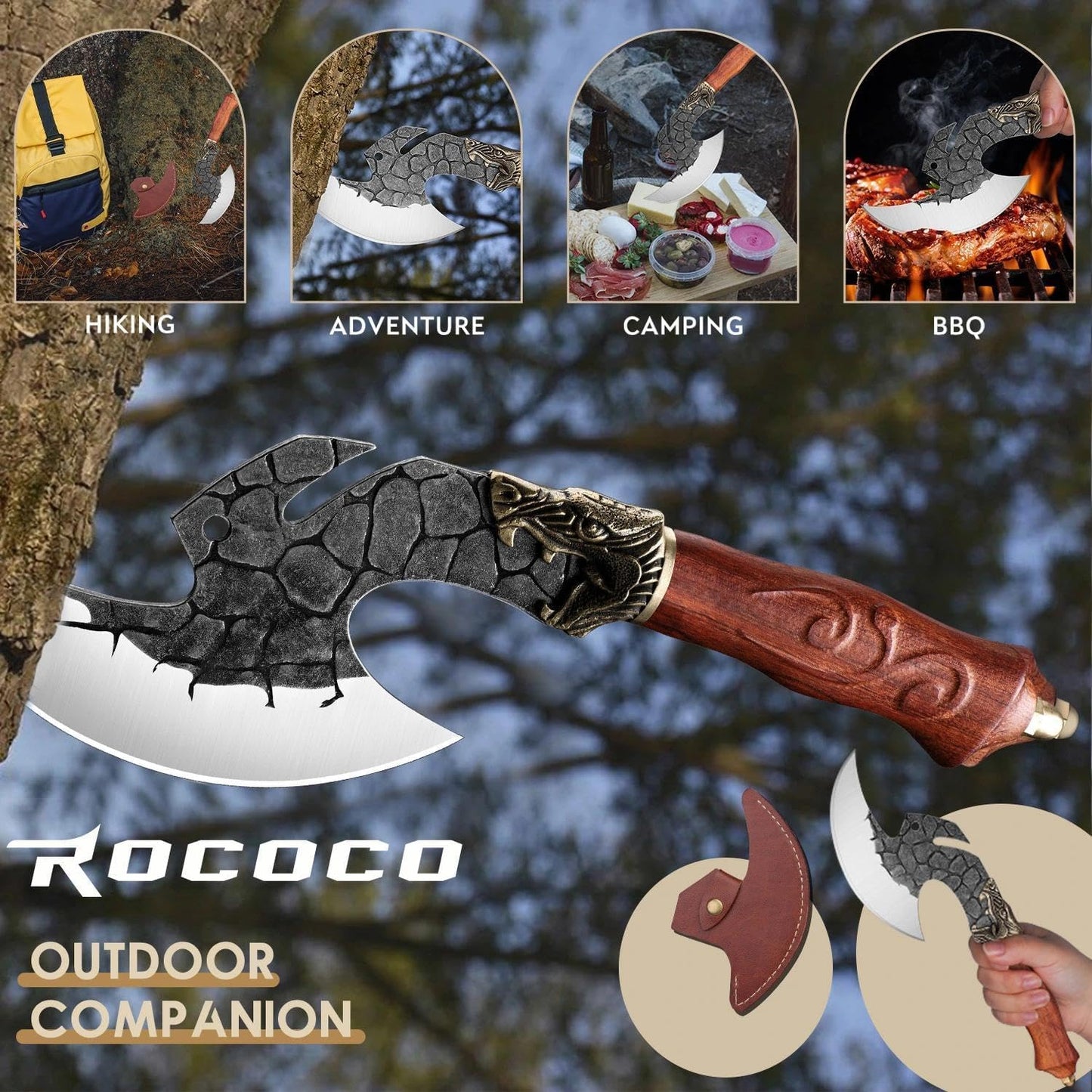 ROCOCO Viking Cleaver Knife Birthday - Kitchen Axe & Sheath Father Gift Men | Hand Forged High Carbon Steel Butcher Meat Cutting Boning Knife for Home Outdoor BBQ Camping Chirstmas Mother