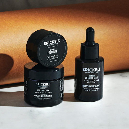Brickell Men's Advanced Anti-Aging Routine, Night Face Cream, Facial Serum and Eye Cream, With Hyaluronic Acid, Vitamin C, and MSM, Scented, Skin Care Gift Set