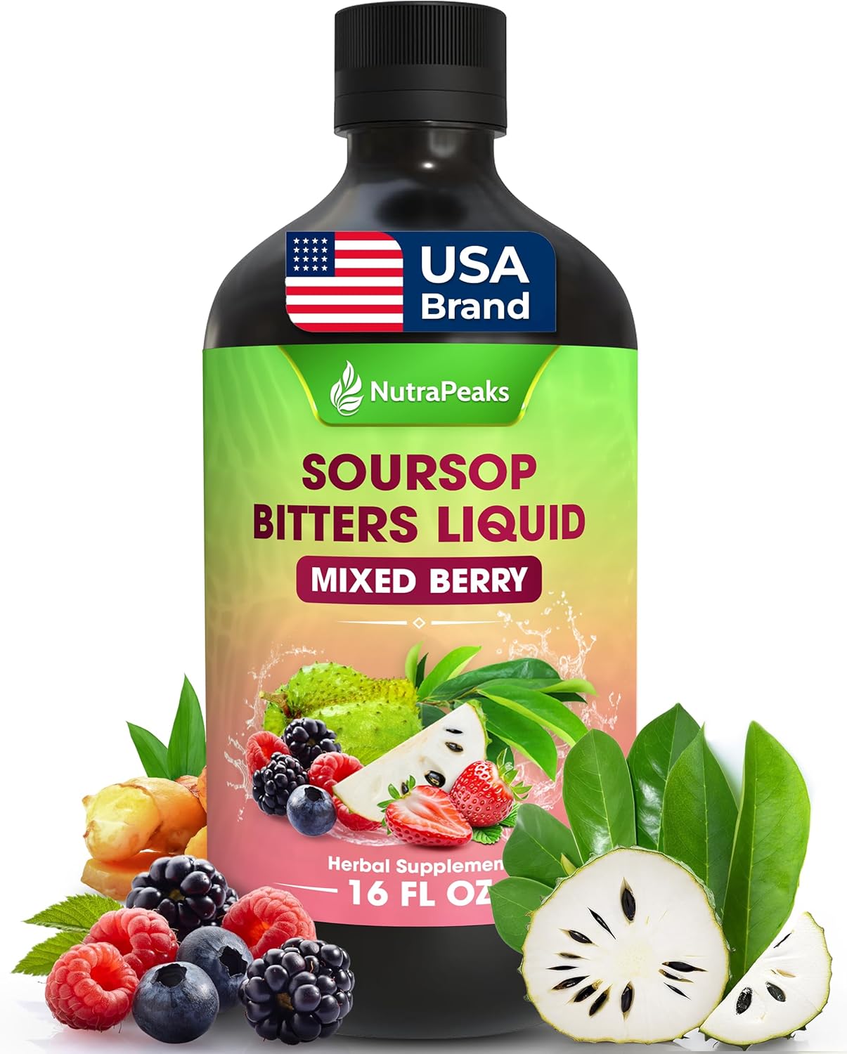 Soursop Bitters Liquid β Herbal Daily Wellness Formula with Soursop, Ginger, Turmeric & Black Seed Mixed Berry Flavor