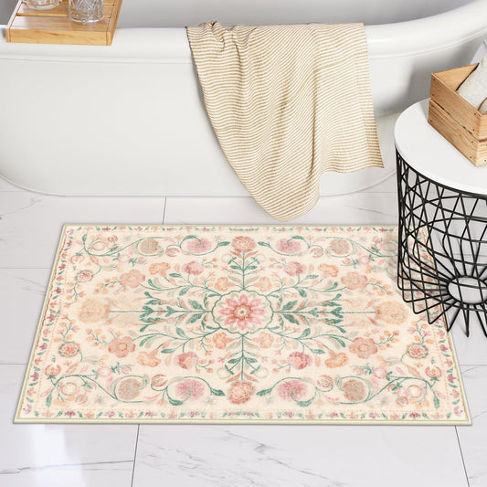 Uphome Bathroom Runner Rug Beige Vintage Long Bathroom Rug Soft Shaggy Non-Slip Large Bath Mat Machine Washable Boho Colorful Floral Bath Rugs for Bedroom Entryway Hallway, 20x60 inch