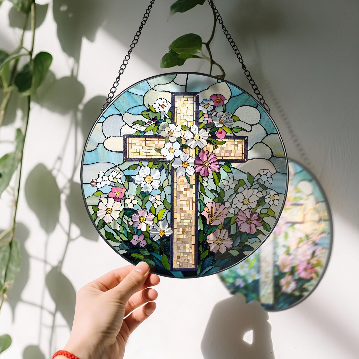 8-Inch Jesus with Cardinals Suncatcher Ornament, Stained Glass Window Hanging & Religious Christmas Ornament, Christian Window Decor — Memorial Gift, Christian Gifts for Her, Religious Gifts