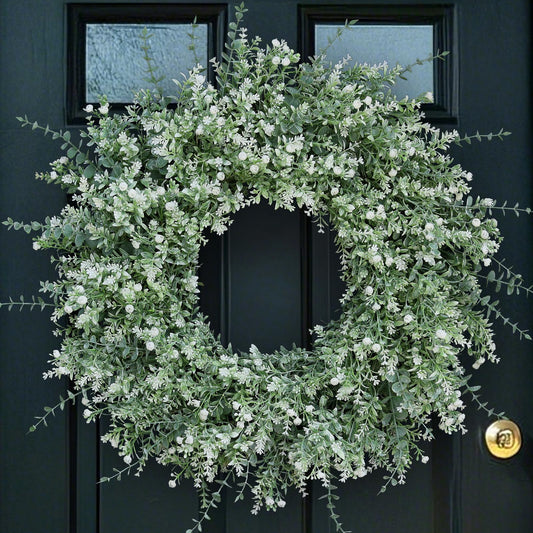 32" Large Artificial Eucalyptus Wreath for Front Door(White-Green) | Weather Resistant,Lifelike Eucalyptus Lavender with Babys Breath Flowers Wreath,for Home Farmhouse Wall Year-Round Use Decor