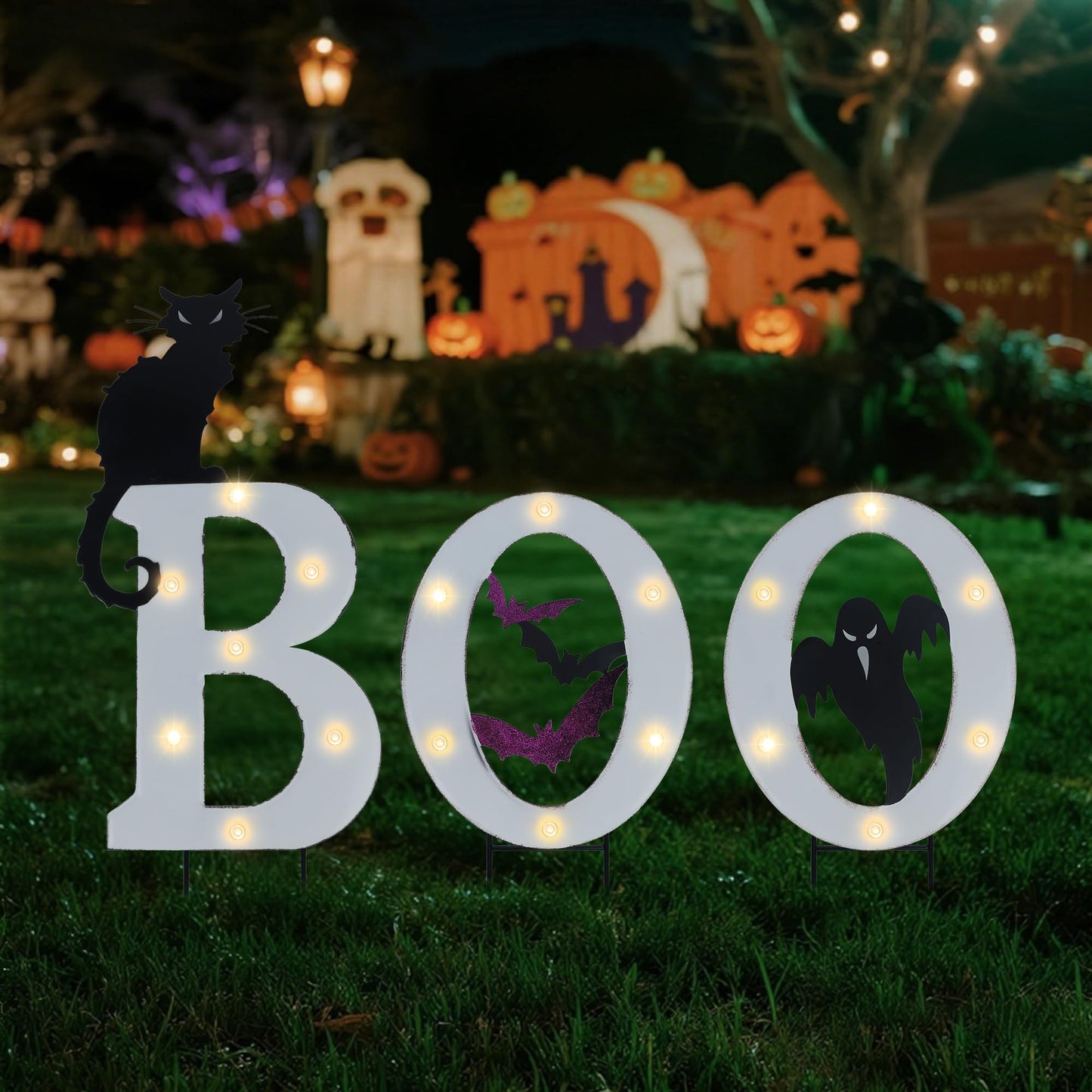 Prsildan 3 Pack Halloween Decorations Outdoor Solar Lighted Boo Yard Sign | Waterproof Metal Lawn Stakes, Solar-Powered, Bats, Cat & Ghost, For Front Yard, Porch, Garden, Spooky Halloween Party Decor