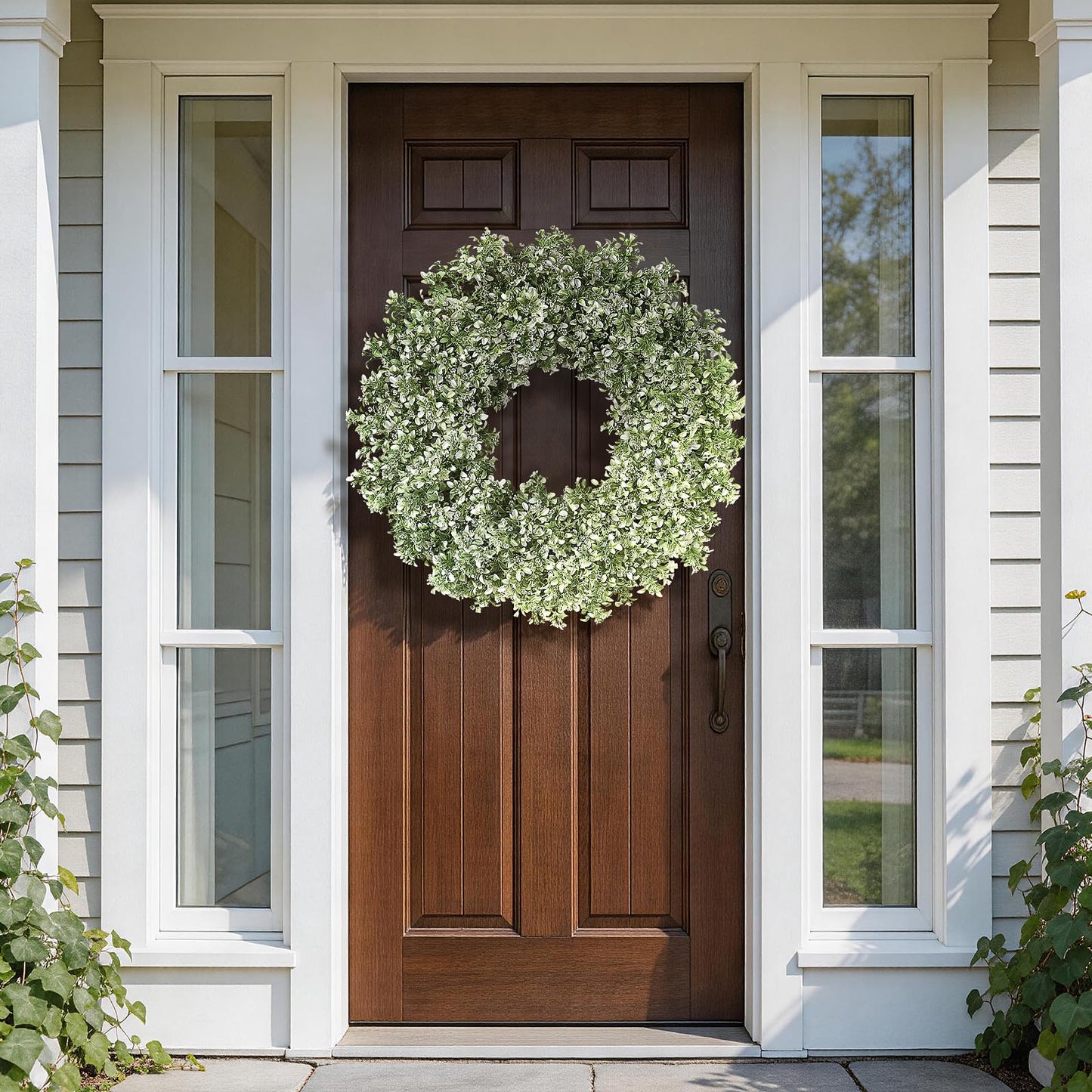 32" Large Artificial Boxwood Wreath for Front Door (White-Green) | Waterproof Fade Resistant,Premium Durable,Faux Aglaia Odorata Wreath,for Wall Window Farmhouse Outdoor All Seasons Decor