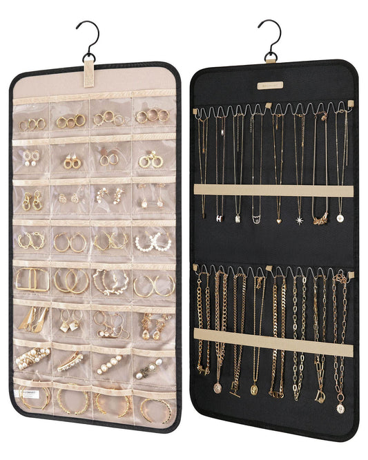 BAGSMART Hanging Jewelry Organizer Storage Roll with Hanger Metal Hooks Double-Sided Jewelry Holder for Earrings, Necklaces, Rings on Closet, Wall, Door, 1 piece, Medium, Pink