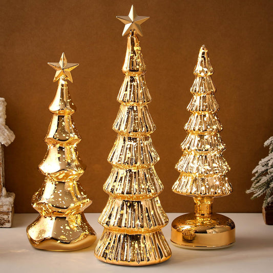 Funnymoom 3 Pack Glass Christmas Trees Decor Lighted Christmas Tree Tabletop Glitter Centerpiece Decoration Glass Xmas Tree Figurines Holiday Ornament for Table Mantle Fireplace(Gold,Classic)
