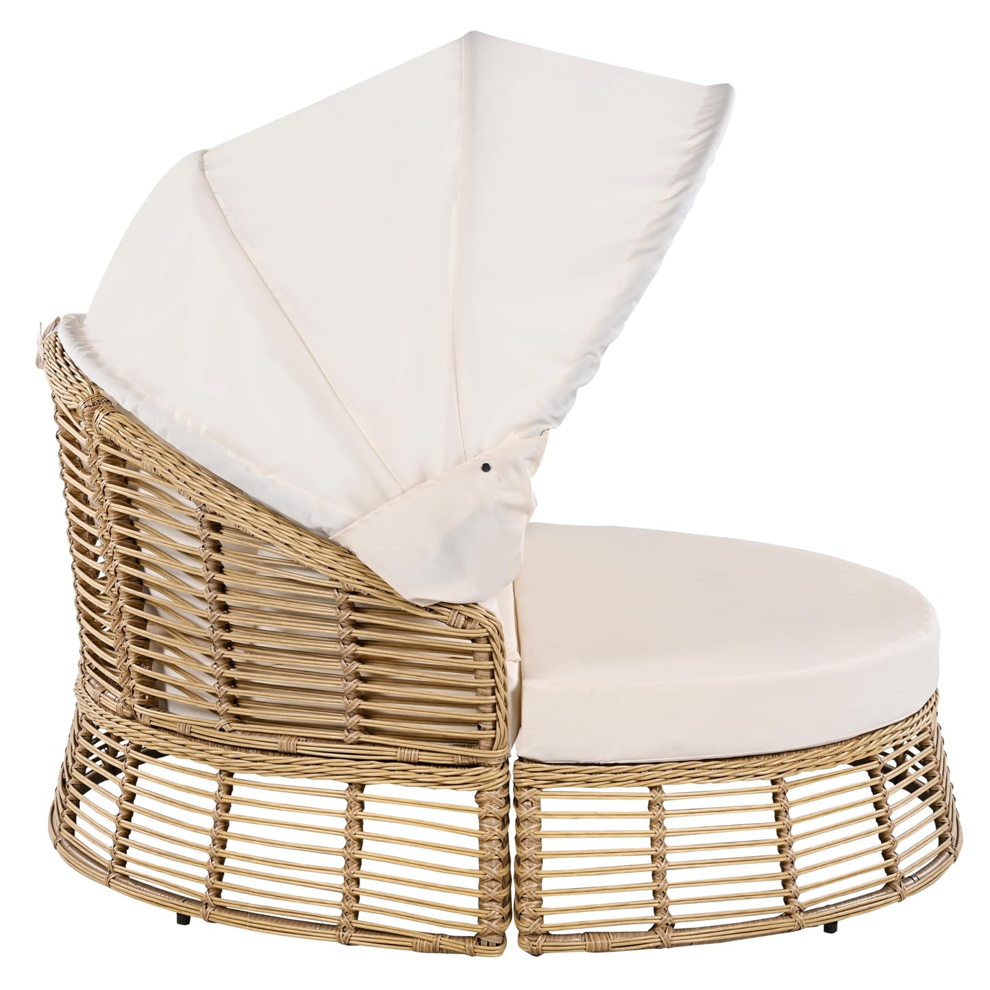LUMISOL Outdoor Sunbed with Retractable Canopy, Outdoor PE Wicker Round Sectional Sofa with Separated Cushion Seats, Pillows and Removable Cushions for Patio, Backyard, Beige