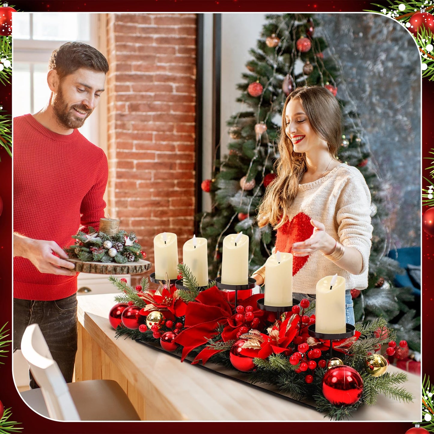 Funnymoom Christmas Tabletop Centerpiece 30 Inch Christmas Poinsettia Candle Holder with 5 Candle Artificial Table Decorations with Red Berries Gold Plants(Red Ball)