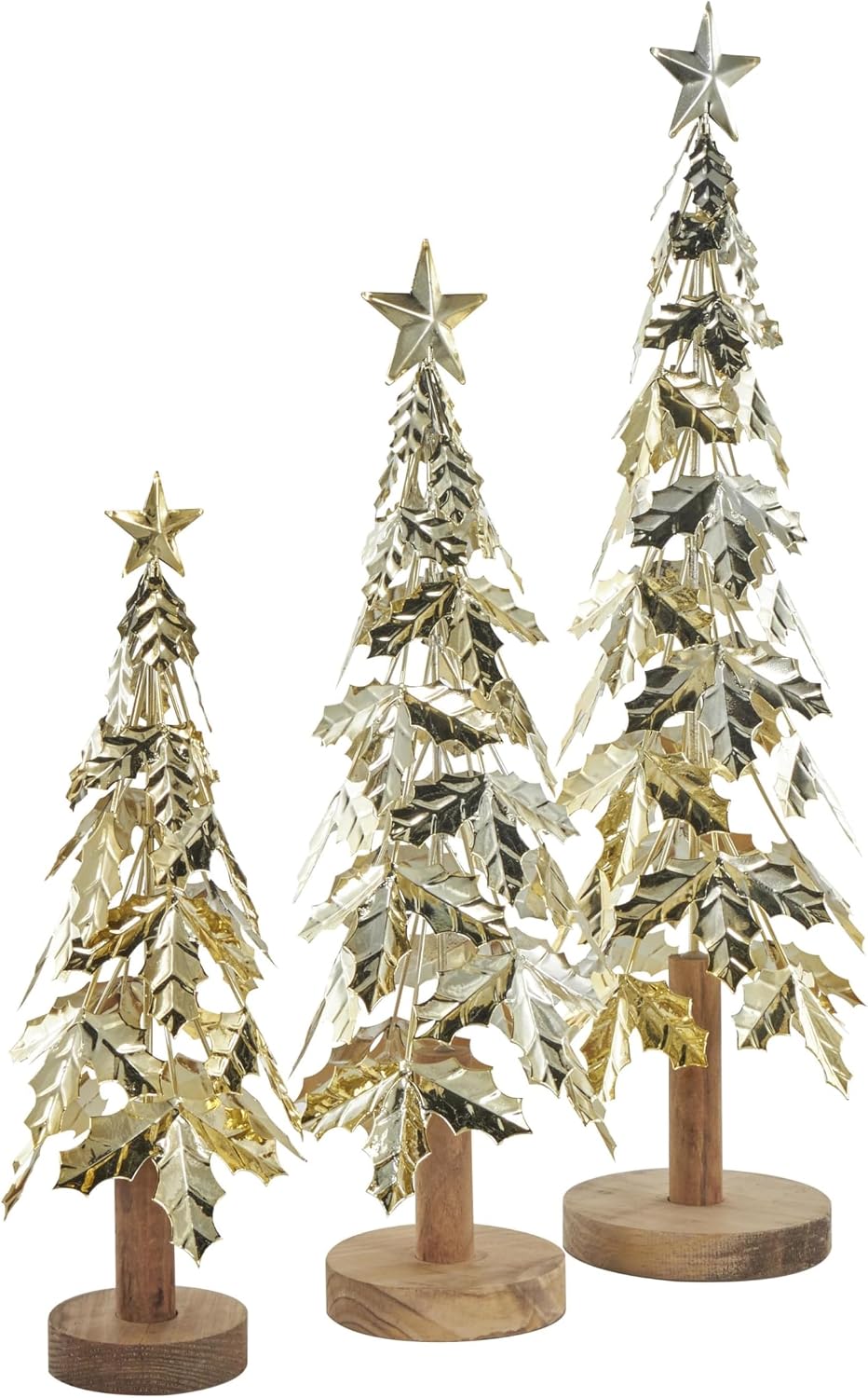Deco 79 Metal Tree Decorative Sculpture Holiday Layered Holly Leaf Christmas Home Decor Statues with Wooden Base and Star Topper, Set of 3 Accent Figurines 22", 18", 14"H, Gold