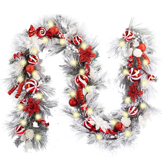 WANNA-CUL Pre-lit 9Feet /108 Inch Christmas Garland with Lights for Front Door, Red Gold Ligthed Christmas Mantel Garland Decoration with Ball Ornaments, Battery Operated 50 LED