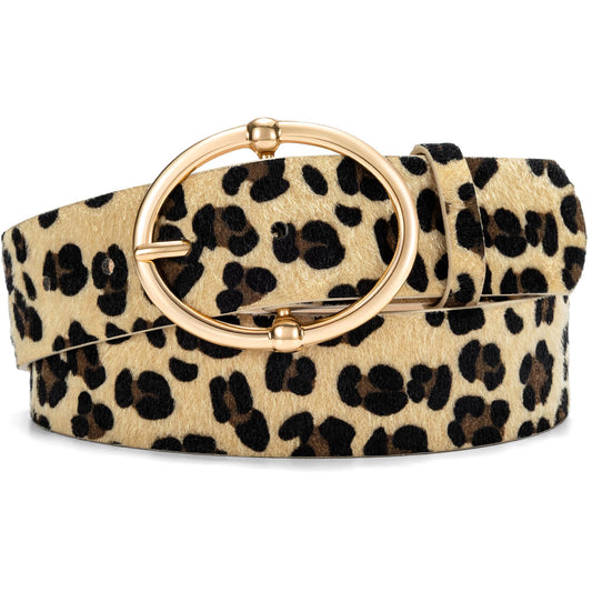 Leopard Print Leather Belt for Women, Gold Buckle, 1.46“