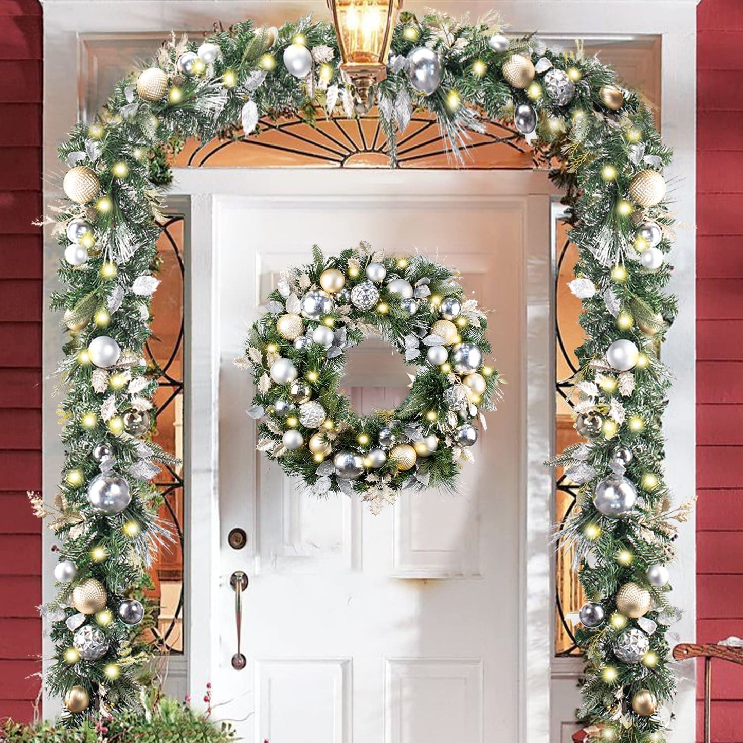 WANNA-CUL Pre-lit 9Feet /108 Inch Christmas Garland with Lights for Front Door, Red Gold Ligthed Christmas Mantel Garland Decoration with Ball Ornaments, Battery Operated 50 LED