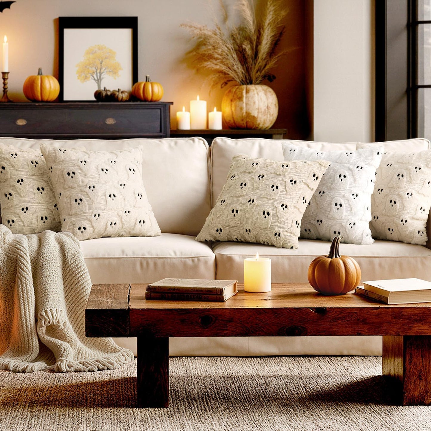 MIULEE Cute Ghost Halloween Pillow Covers 20x20 Inch Set of 2 White | Soft Plush Faux Fur Throw Pillows Spooky Fall Decorative Cushion Covers for Couch Sofa Bed Porch Living Room
