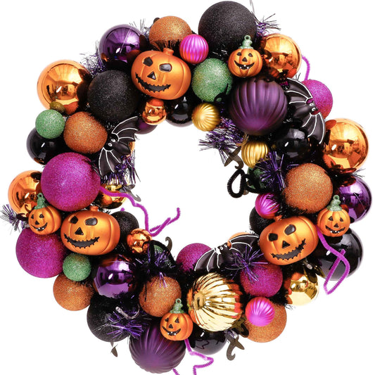 Valery Madelyn Halloween Decorations 20" Pumpkin Wreath for Front Door | Pre-Lit 60ct Shatterproof Treat-or-Trick Ball Ornaments Wreath for Centerpiece Wall Indoor Home Party Decor