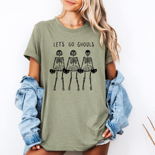 Let's Go Ghouls Skeleton Cheerleaders Halloween Parade Night Spooky Cheerleaders Graphic Tee