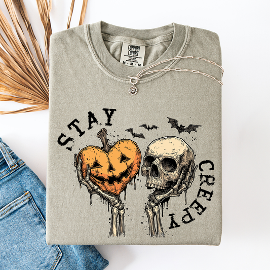 Stay Creepy Halloween Pumpkin Heart Skeleton Bats Leopard Print Checkered Comfort Colors Tee