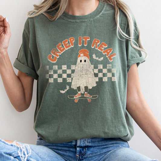 Creep It Real Retro Ghost Halloween Spooky Vintage Vibe Artwork Comfort Colors Tee