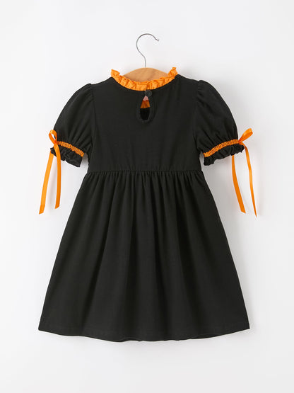 Girls Halloween Dog Pumpkin Applique Dress Puff Sleeve