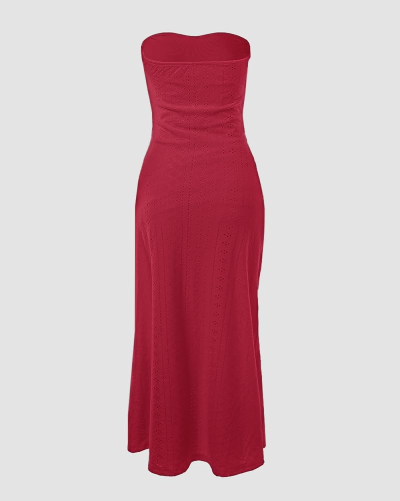 CHICME Women's Strapless Bodycon Maxi Dress Asymmetrical Hem | Ruched Wrap Detail, Eyelet Embroidery, Soft Stretch Fabric, Tube Top Neckline, Beach Vacation Wear, Wedding Guest Outfit