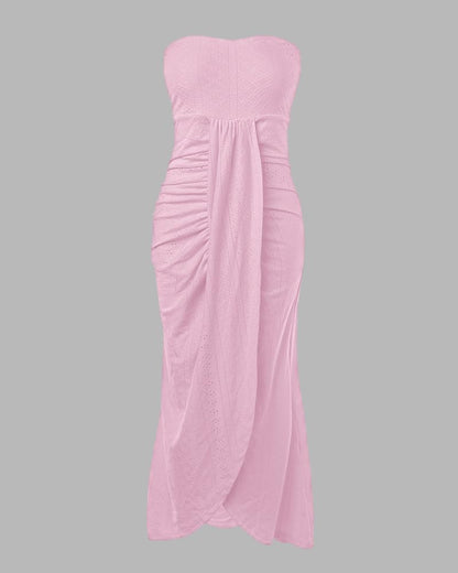 CHICME Women's Strapless Bodycon Maxi Dress Asymmetrical Hem | Ruched Wrap Detail, Eyelet Embroidery, Soft Stretch Fabric, Tube Top Neckline, Beach Vacation Wear, Wedding Guest Outfit