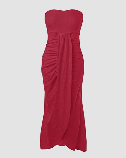 CHICME Women's Strapless Bodycon Maxi Dress Asymmetrical Hem | Ruched Wrap Detail, Eyelet Embroidery, Soft Stretch Fabric, Tube Top Neckline, Beach Vacation Wear, Wedding Guest Outfit