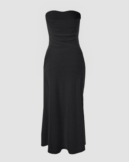 CHICME Women's Strapless Bodycon Maxi Dress Asymmetrical Hem | Ruched Wrap Detail, Eyelet Embroidery, Soft Stretch Fabric, Tube Top Neckline, Beach Vacation Wear, Wedding Guest Outfit
