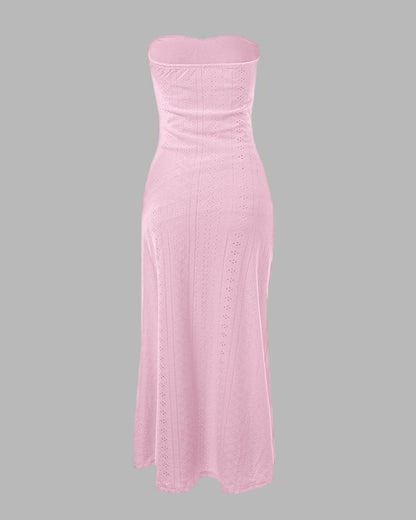 CHICME Women's Strapless Bodycon Maxi Dress Asymmetrical Hem | Ruched Wrap Detail, Eyelet Embroidery, Soft Stretch Fabric, Tube Top Neckline, Beach Vacation Wear, Wedding Guest Outfit