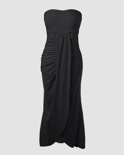 CHICME Women's Strapless Bodycon Maxi Dress Asymmetrical Hem | Ruched Wrap Detail, Eyelet Embroidery, Soft Stretch Fabric, Tube Top Neckline, Beach Vacation Wear, Wedding Guest Outfit