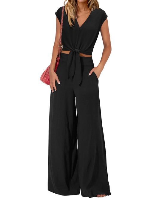 PRETTYGARDEN Women's Summer 2 Piece Outfits 2026 Cap Sleeve V Neck Belted Crop Tops Wide Leg Pant Sets Casual Tracksuit