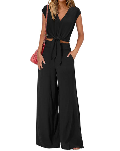 PRETTYGARDEN Women's Summer 2 Piece Outfits 2026 Cap Sleeve V Neck Belted Crop Tops Wide Leg Pant Sets Casual Tracksuit