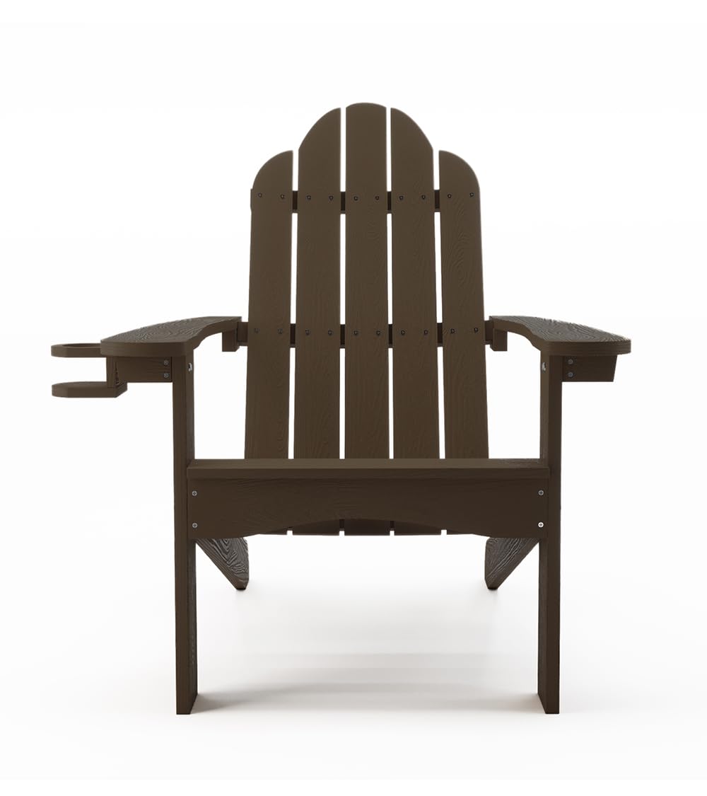 LUE BONA HDPS Adirondack Chairs Set, Fire Pit Outdoor Chair Weather Resistant with Cup Holder, Modern Plastic Chair Plastic for Patio, Deck, Proch, 350LBS, 4 Set, Dark Brown