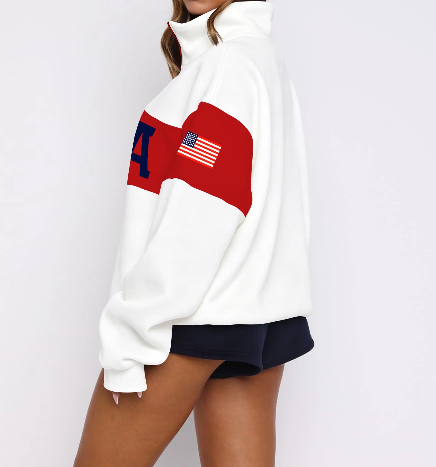 LEEDYA Women Long Sleeve American Flag Sweatshirts Half Zip USA Sweater